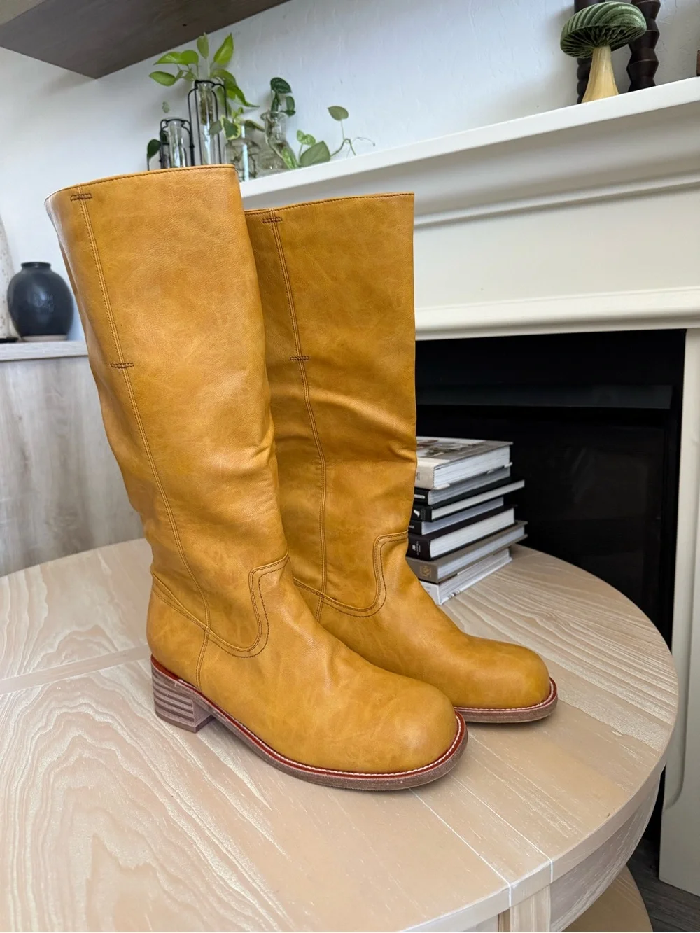 Boutique|Women's Tall  faux Leather Boots in Tan Mustard,stacked heel,size 12•••